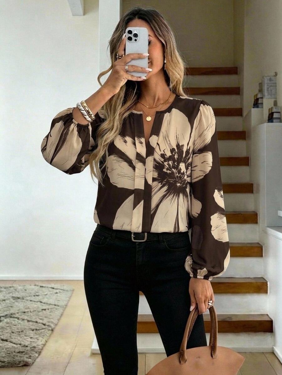Nell Long Sleeve Blouse with Split V Neck and Lantern Sleeves - Brown Floral