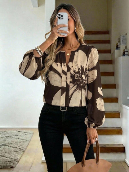Nell Long Sleeve Blouse with Split V Neck and Lantern Sleeves - Brown Floral