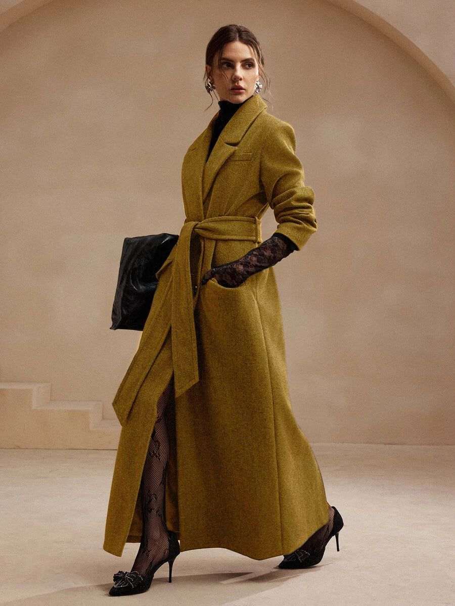 Valeska Belted Double-Breasted Lapel Long Coat with Pockets - Navy Blue