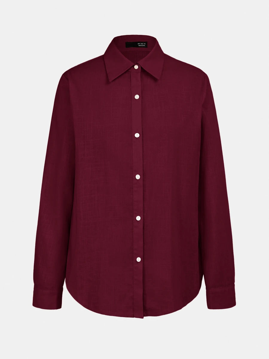 Arabella Classic Collared Button Down Long Sleeve Cotton Shirt - Burgundy