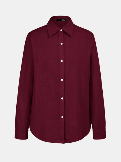 Arabella Classic Collared Button Down Long Sleeve Cotton Shirt - Burgundy