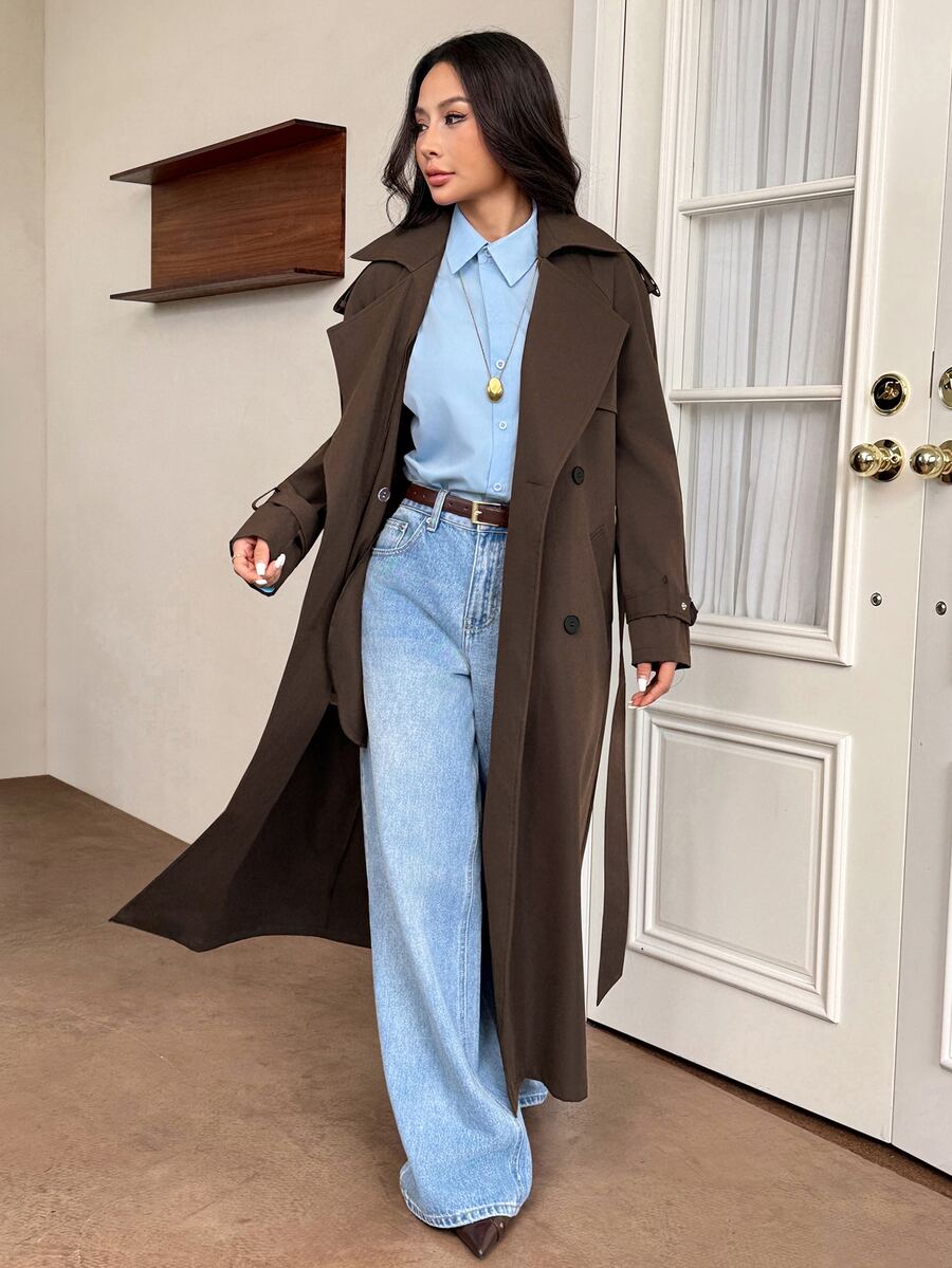 Madeleine Relaxed Double-Breasted Belted Long Trench Coat - Dark Brown