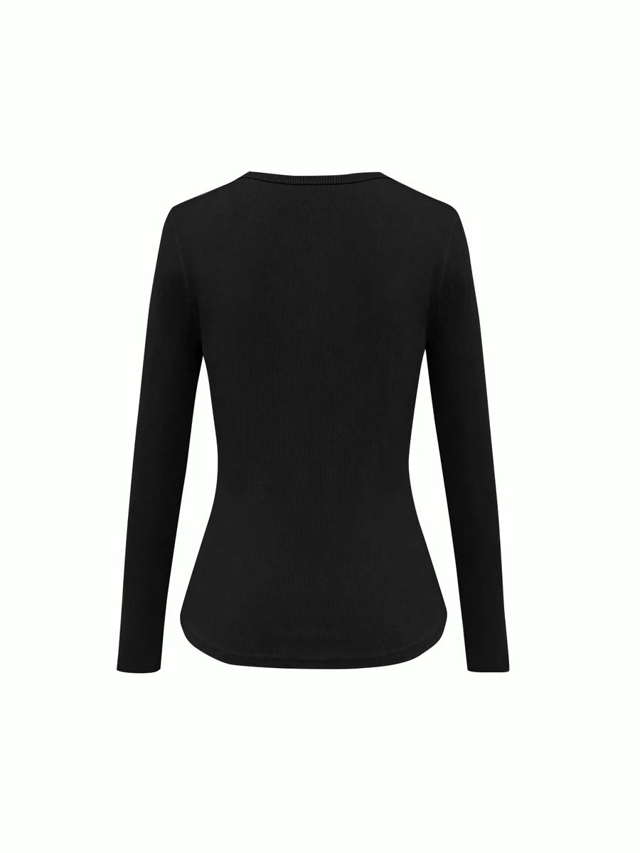 Siena Deep V Neck Ribbed Knit Long Sleeve Fitted Top