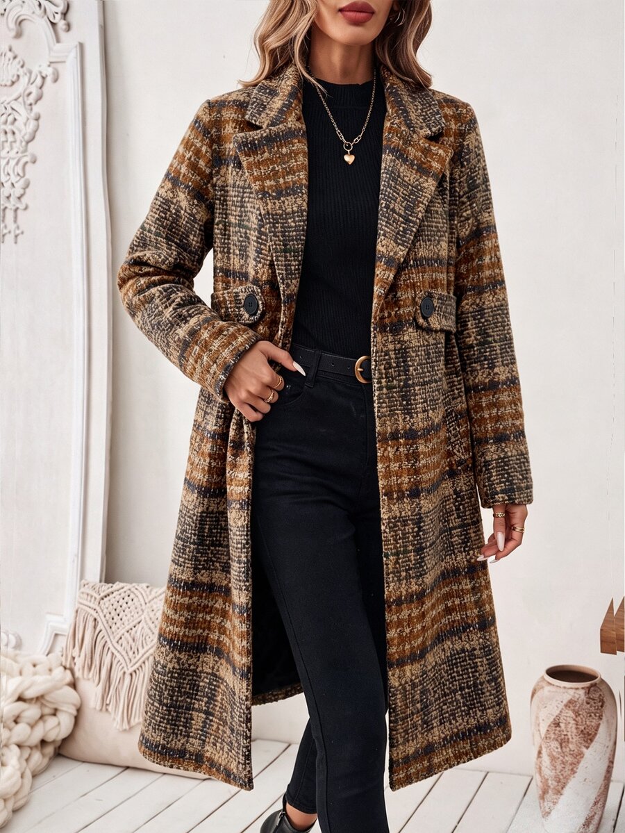 Josephine Belted Notched Collar Double-Breasted Long Coat - Brown Plaid