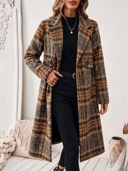 Josephine Belted Notched Collar Double-Breasted Long Coat - Brown Plaid