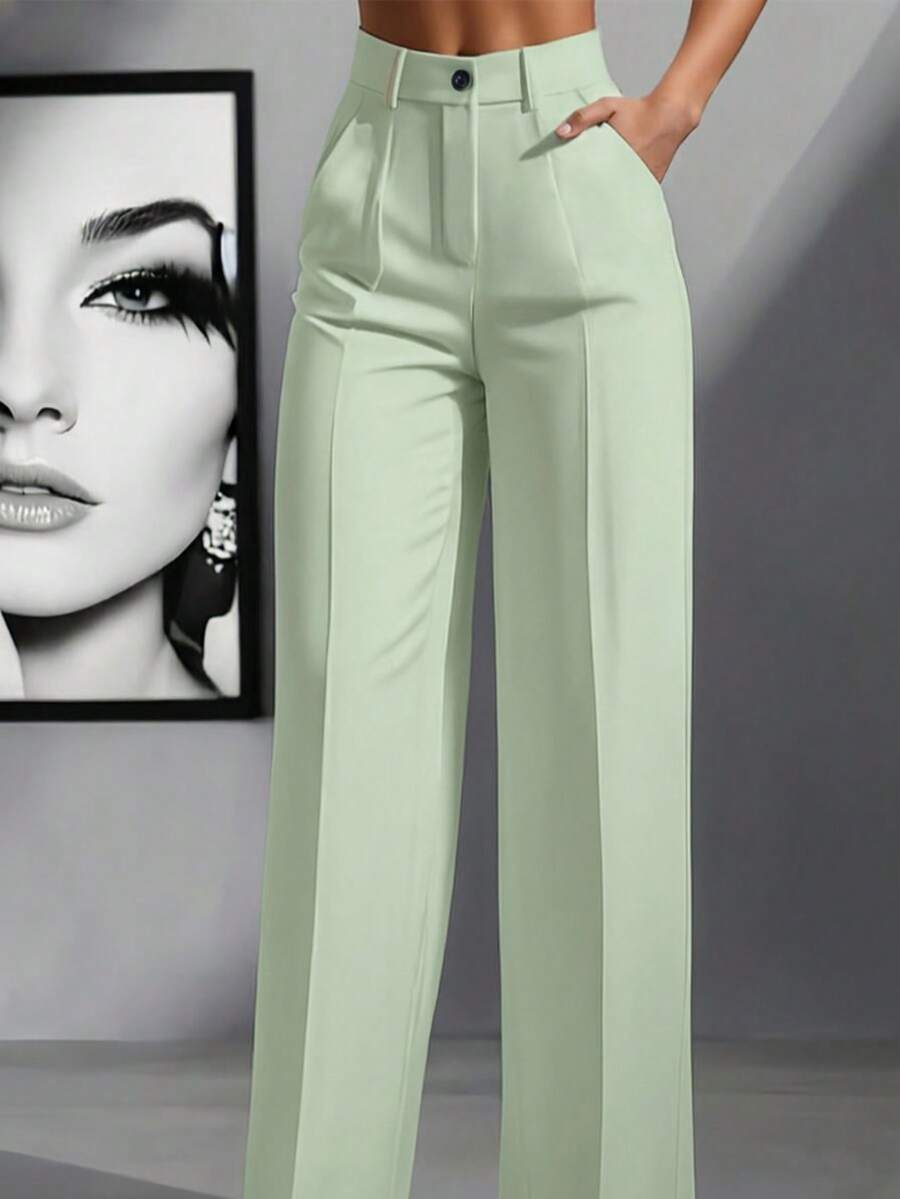 Simone High-Waist Pleated Wide-Leg Trousers with Pockets - Mint Green