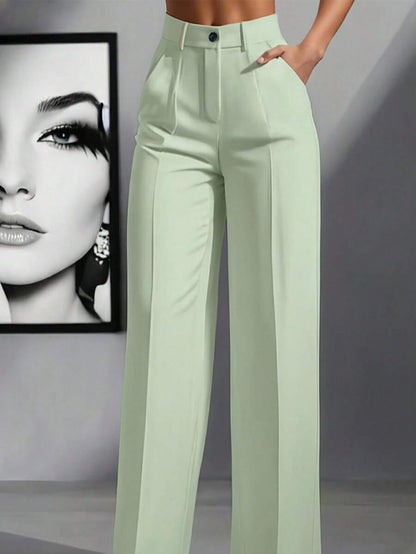 Simone High-Waist Pleated Wide-Leg Trousers with Pockets - Mint Green
