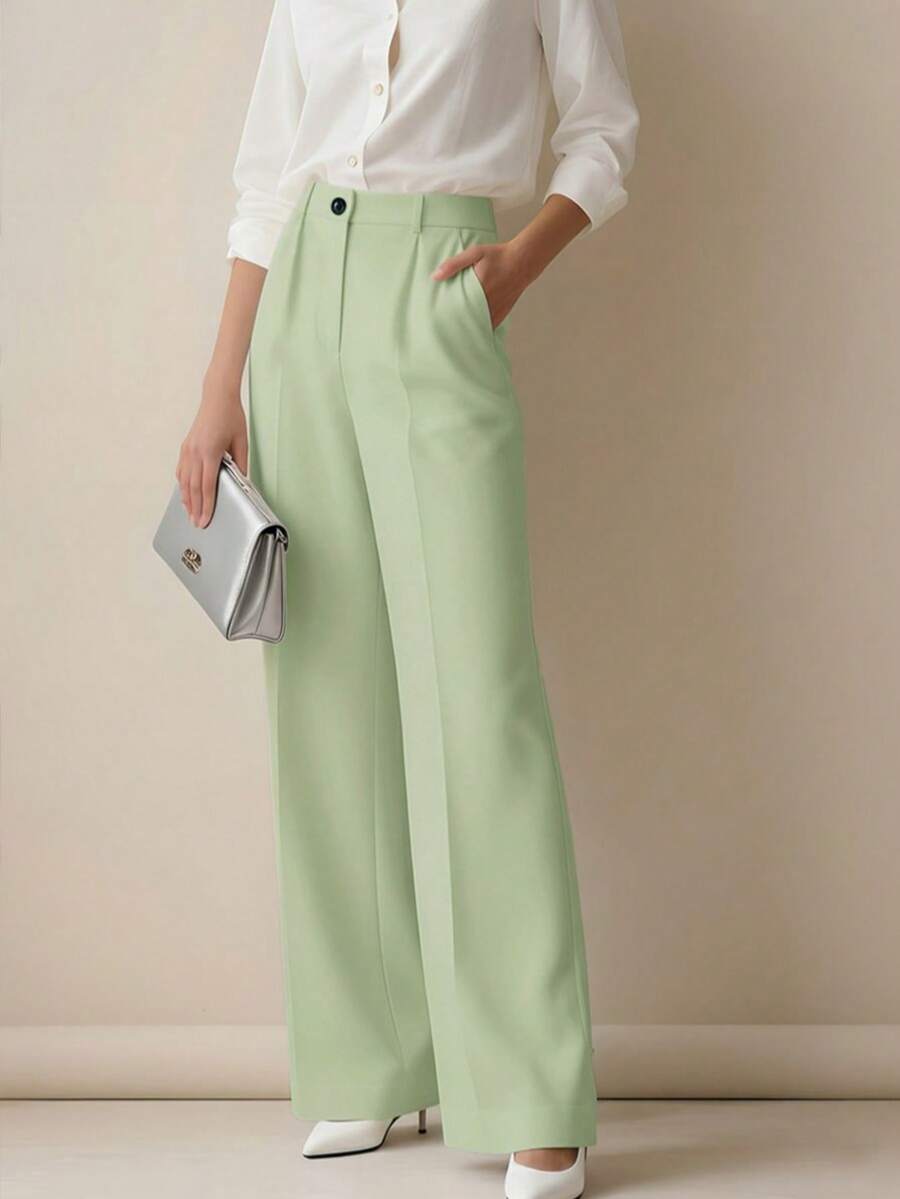 Simone High-Waist Pleated Wide-Leg Trousers with Pockets - Mint Green