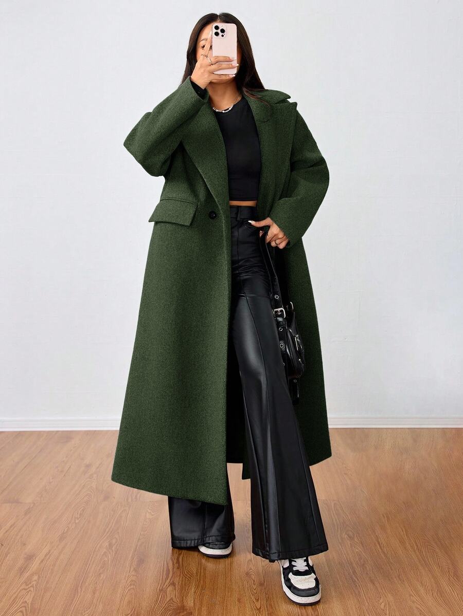 Jolie Oversized Double Breasted Long Coat with Lapel Collar - Forest Green