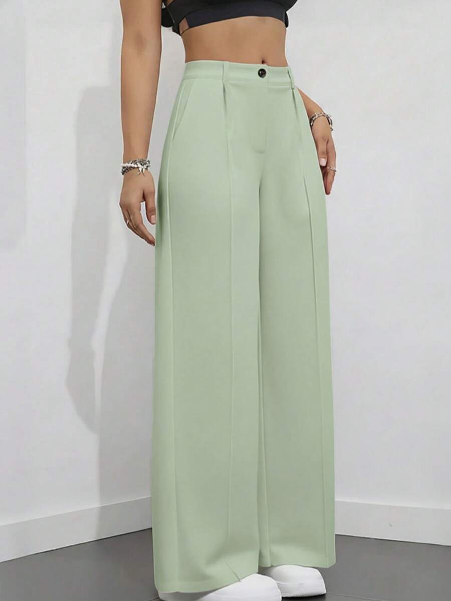 Simone High-Waist Pleated Wide-Leg Trousers with Pockets - Mint Green