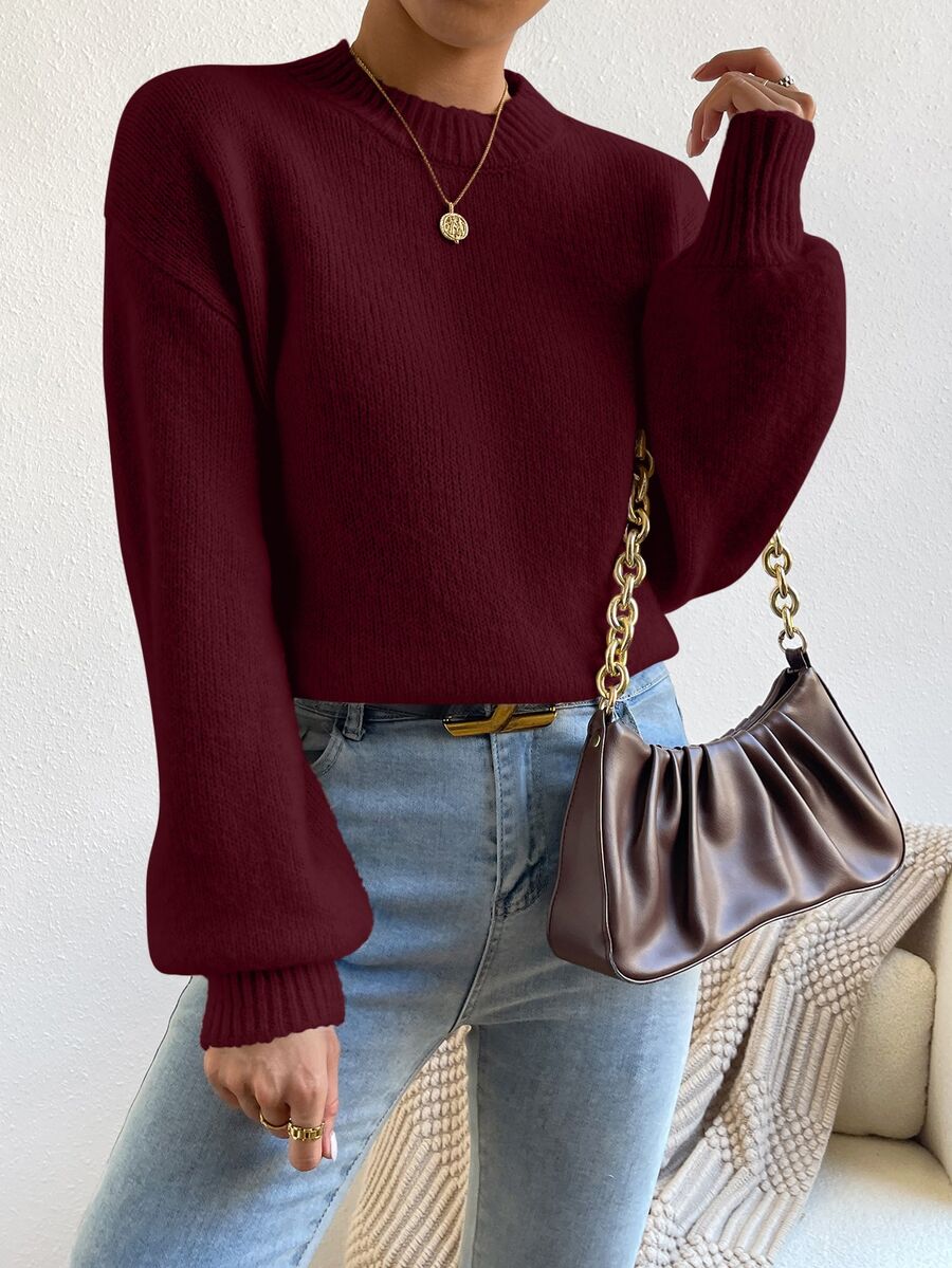 Viola Relaxed Mock Neck Sweater with Drop Shoulders - Burgundy