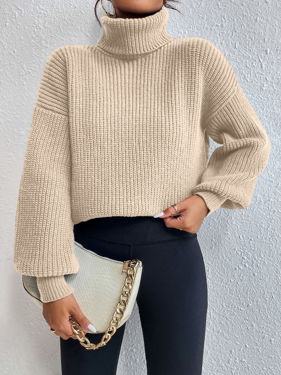 Wilhelmina Rib Knit Turtleneck Drop Shoulder Pullover Sweater - Navy Blue