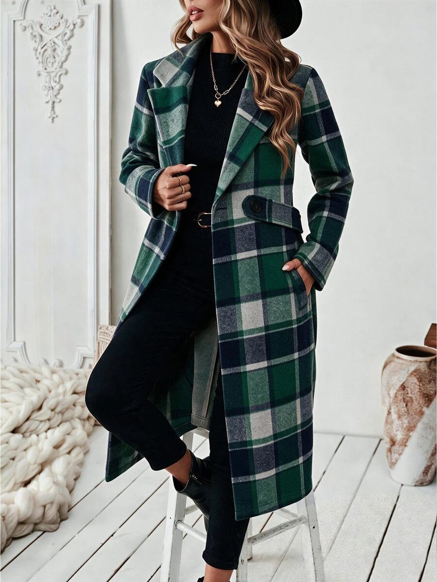 Josephine Belted Notched Collar Double-Breasted Long Coat - Green Plaid