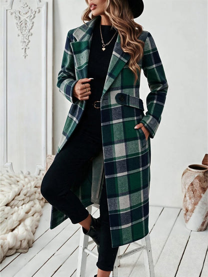 Josephine Belted Notched Collar Double-Breasted Long Coat - Green Plaid