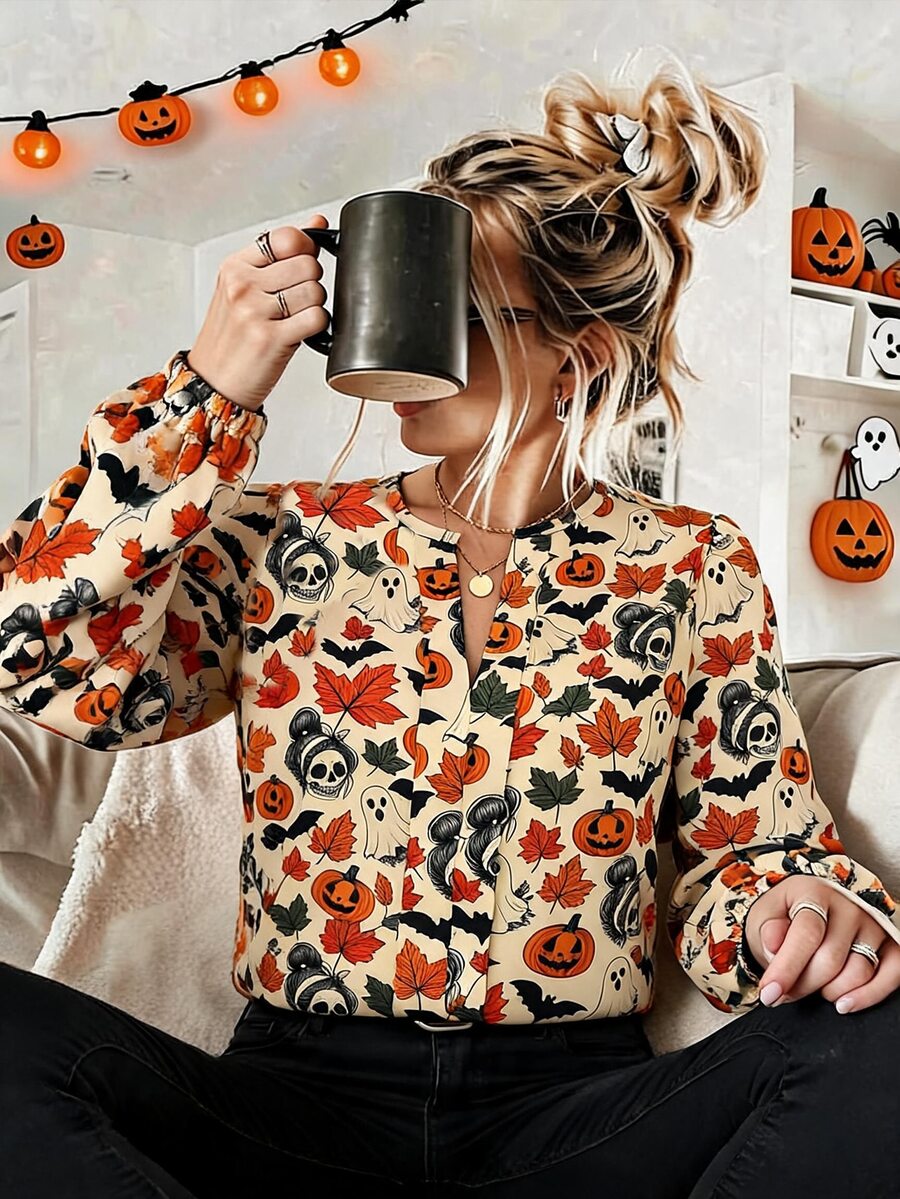 Nell Long Sleeve Blouse with Split V Neck and Lantern Sleeves - Orange Harvest Print