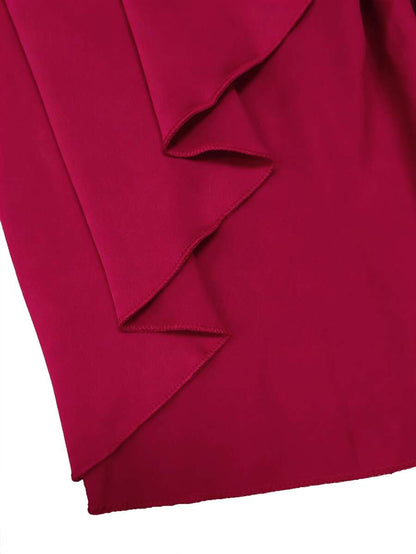 Women's Satin Wrap V-Neck Midi Dress, Silky Dress for Wedding Guest and Evening - Burgundy