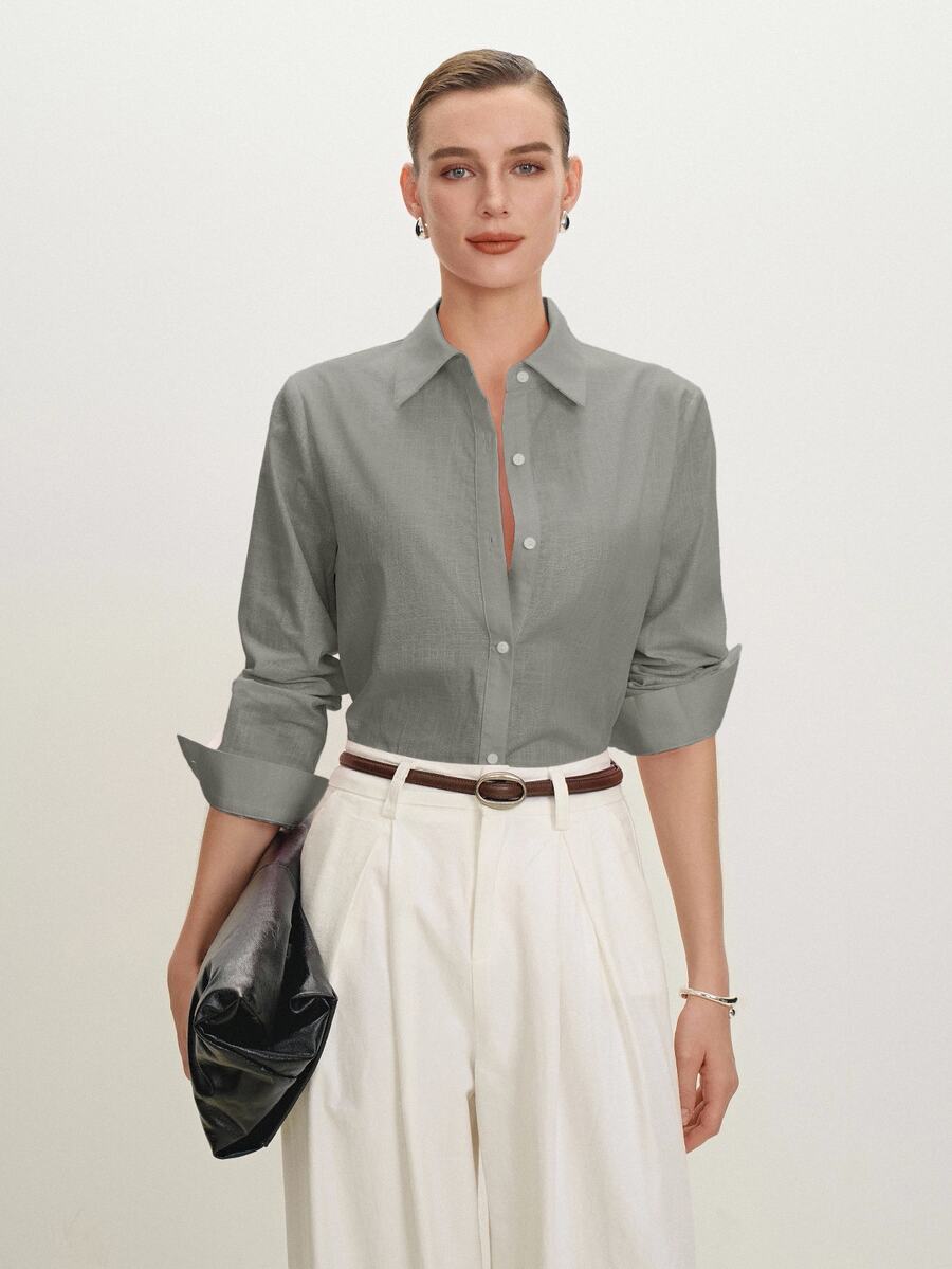 Arabella Classic Collared Button Down Long Sleeve Cotton Shirt - Grey
