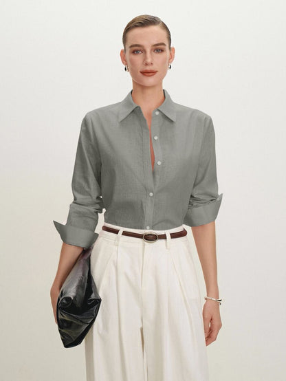 Arabella Classic Collared Button Down Long Sleeve Cotton Shirt - Grey