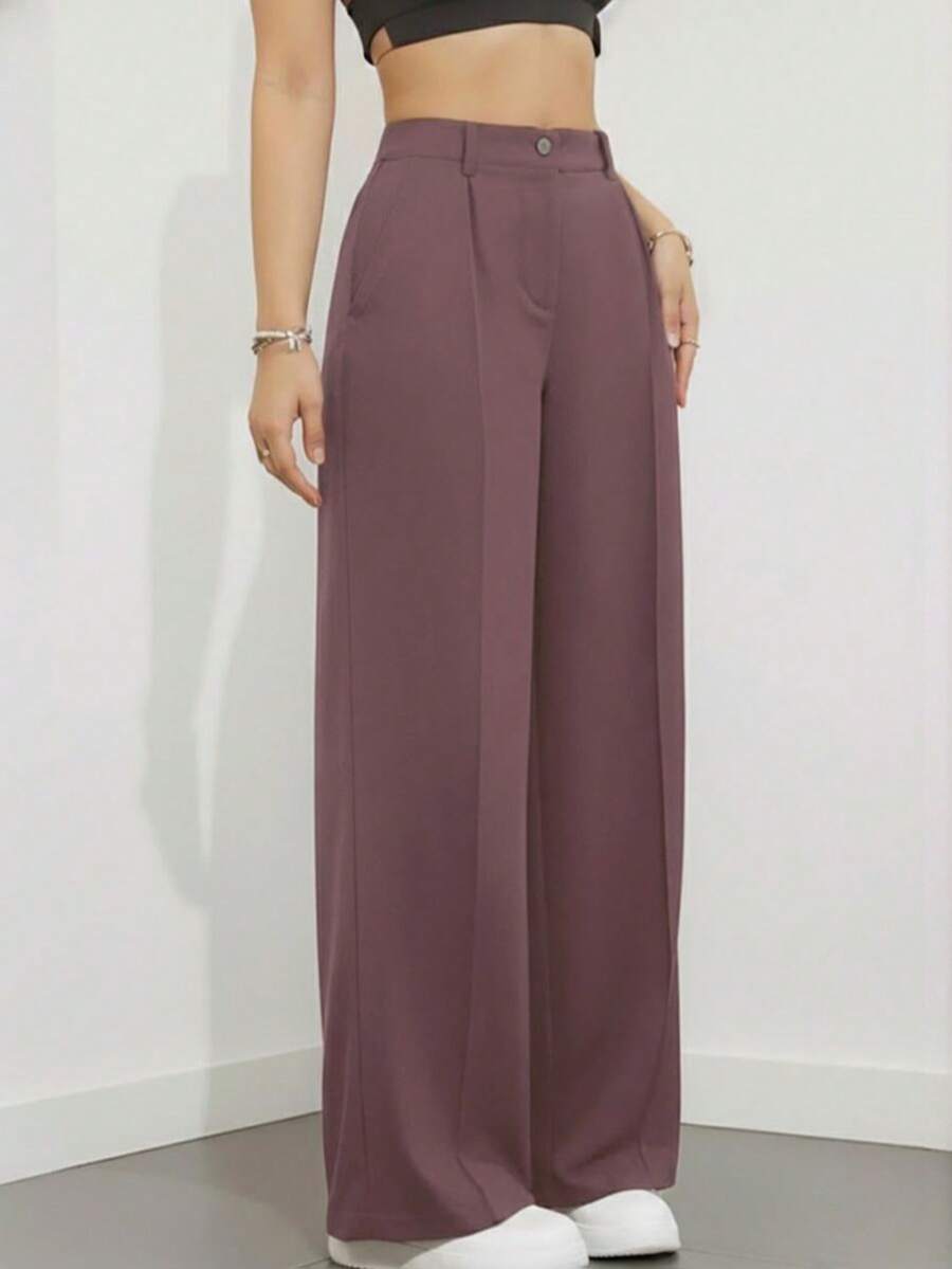 Simone High-Waist Pleated Wide-Leg Trousers with Pockets - Purple