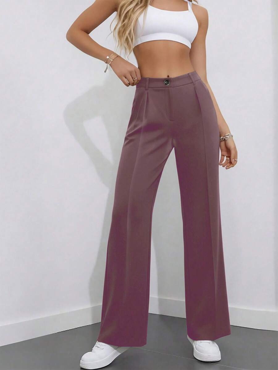 Simone High-Waist Pleated Wide-Leg Trousers with Pockets - Purple