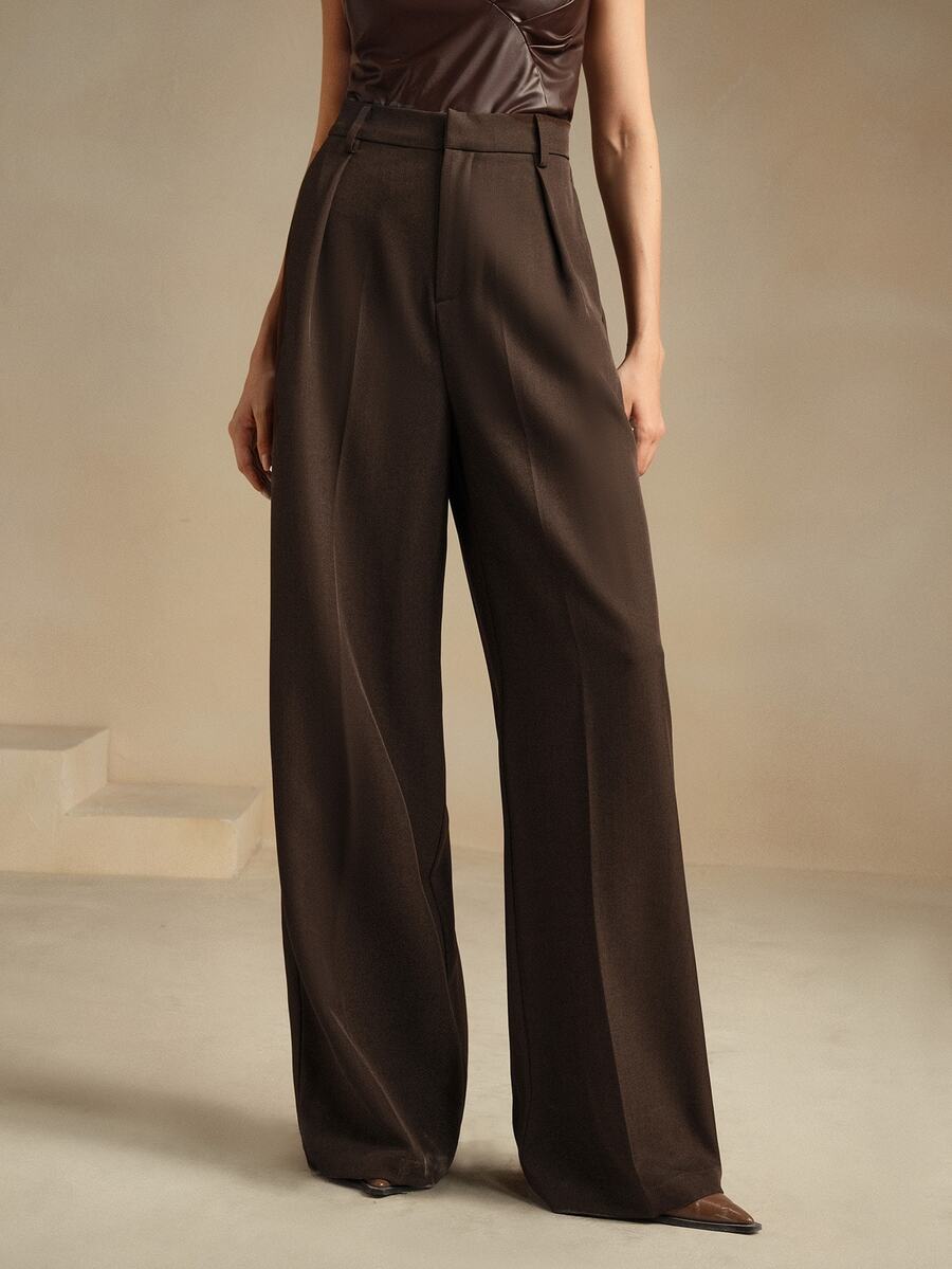 Tatiana Pleated High Waist Wide Leg Trousers with Pockets - Black