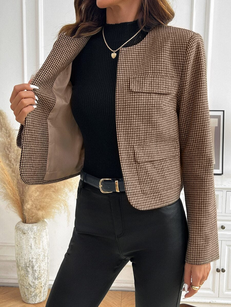 Cordelia Plaid Tweed Open Front Collarless Cropped Jacket - Coffee Houndstooth