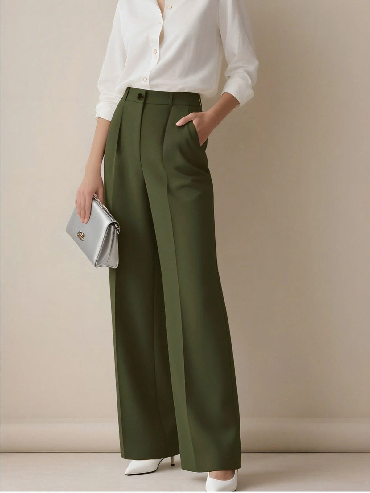 Simone High-Waist Pleated Wide-Leg Trousers with Pockets - Army Green