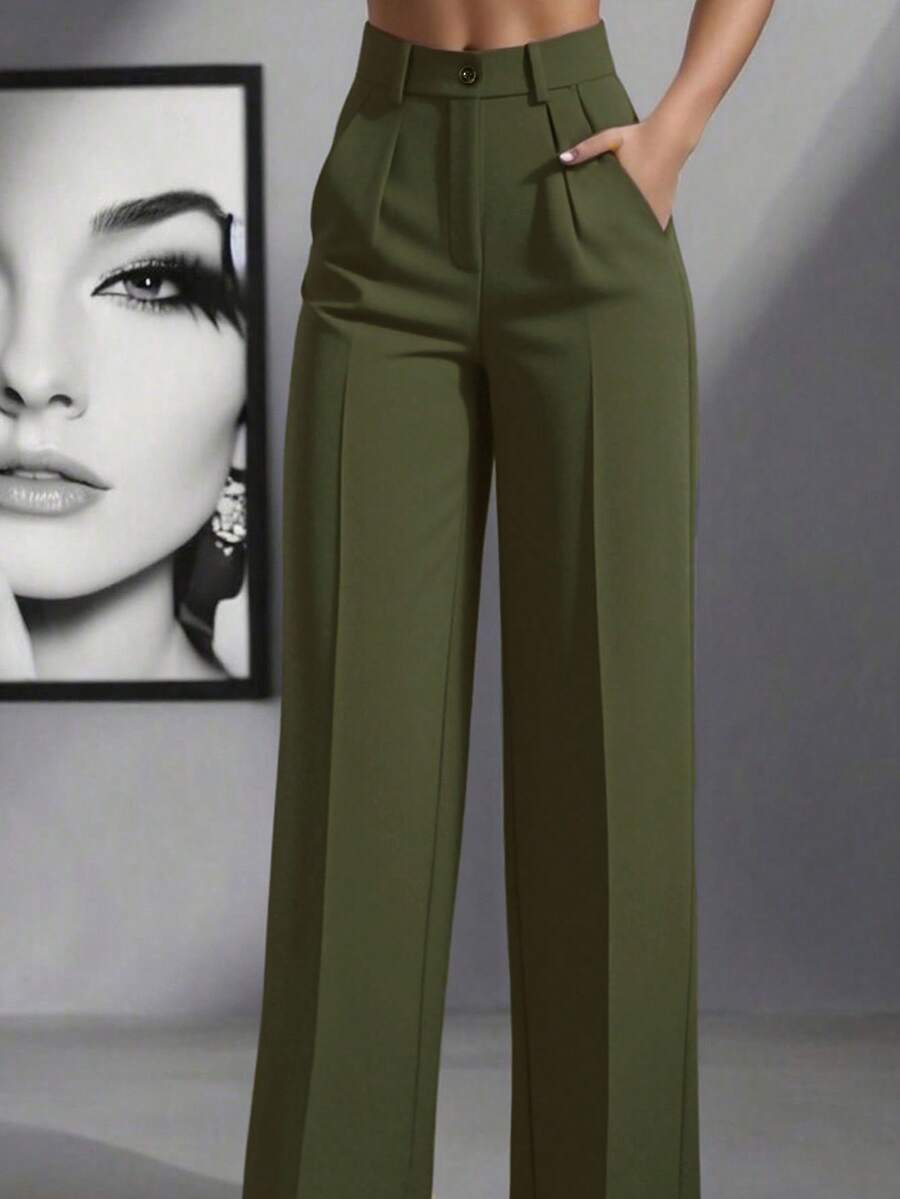 Simone High-Waist Pleated Wide-Leg Trousers with Pockets - Army Green