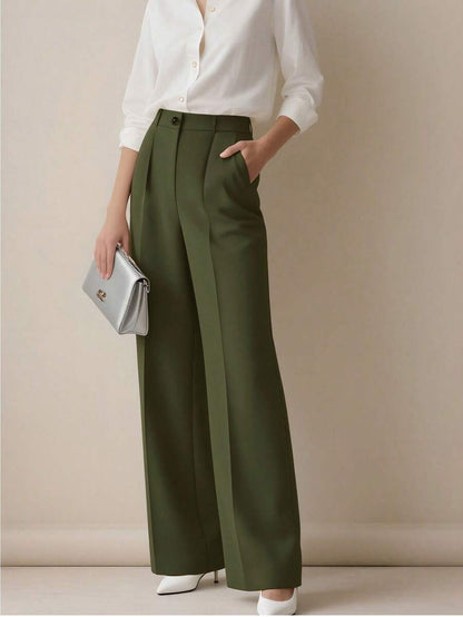 Simone High-Waist Pleated Wide-Leg Trousers with Pockets - Army Green