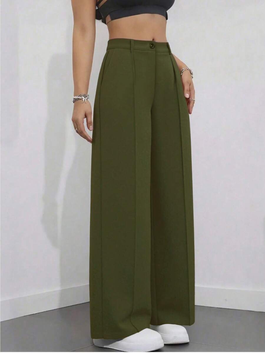 Simone High-Waist Pleated Wide-Leg Trousers with Pockets - Army Green