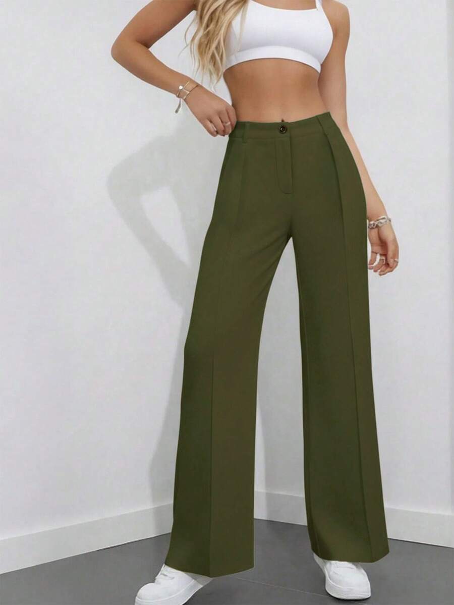 Simone High-Waist Pleated Wide-Leg Trousers with Pockets - Army Green