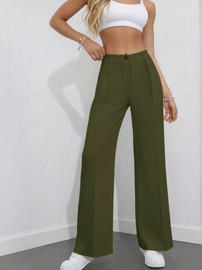 Simone High-Waist Pleated Wide-Leg Trousers with Pockets - Army Green