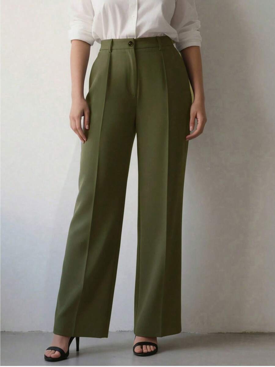 Simone High-Waist Pleated Wide-Leg Trousers with Pockets - Army Green