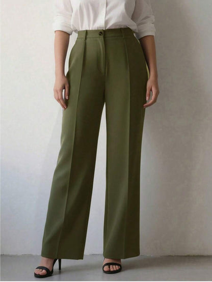 Simone High-Waist Pleated Wide-Leg Trousers with Pockets - Army Green