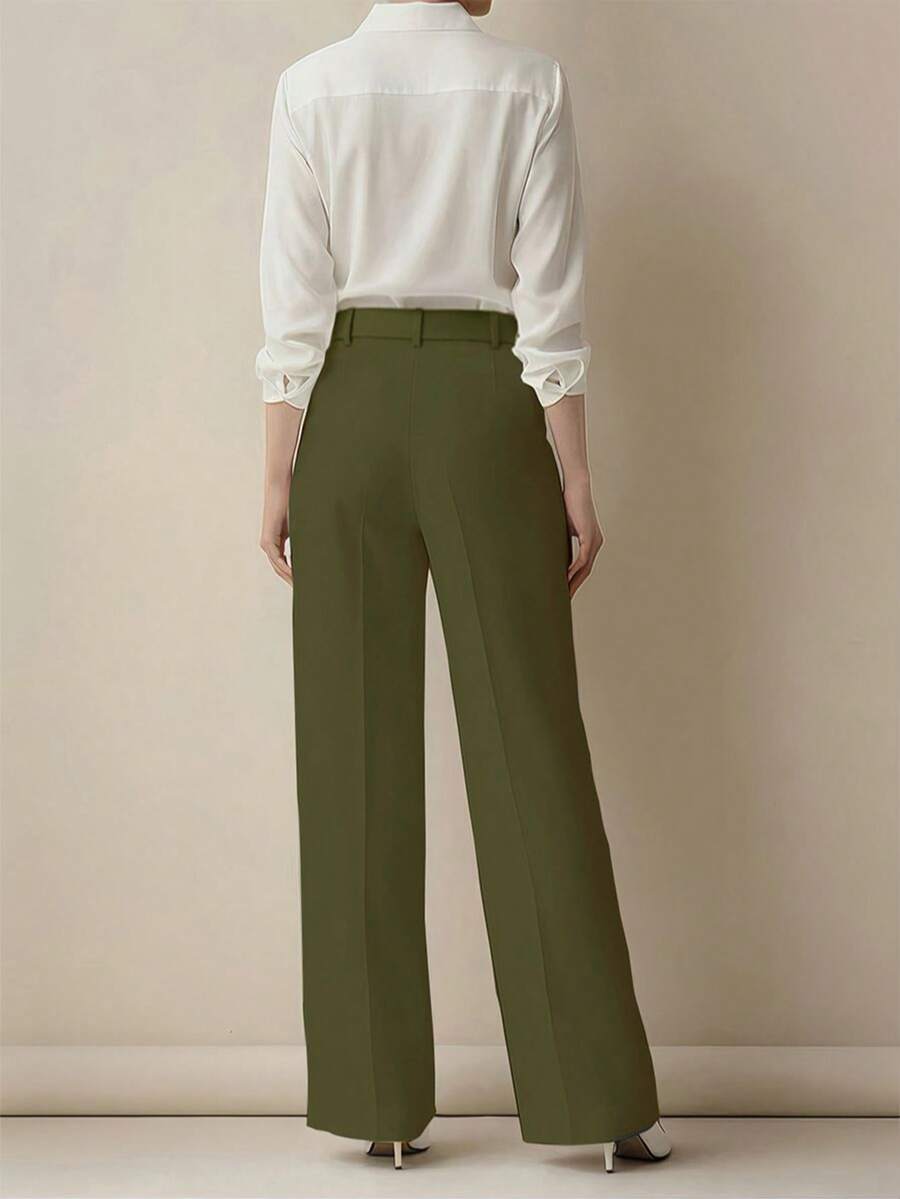 Simone High-Waist Pleated Wide-Leg Trousers with Pockets - Army Green