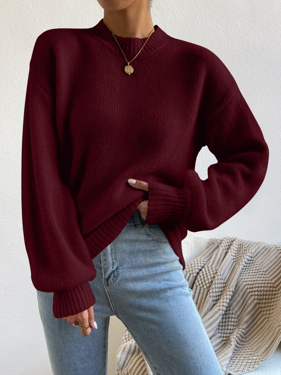 Viola Relaxed Mock Neck Sweater with Drop Shoulders - Burgundy