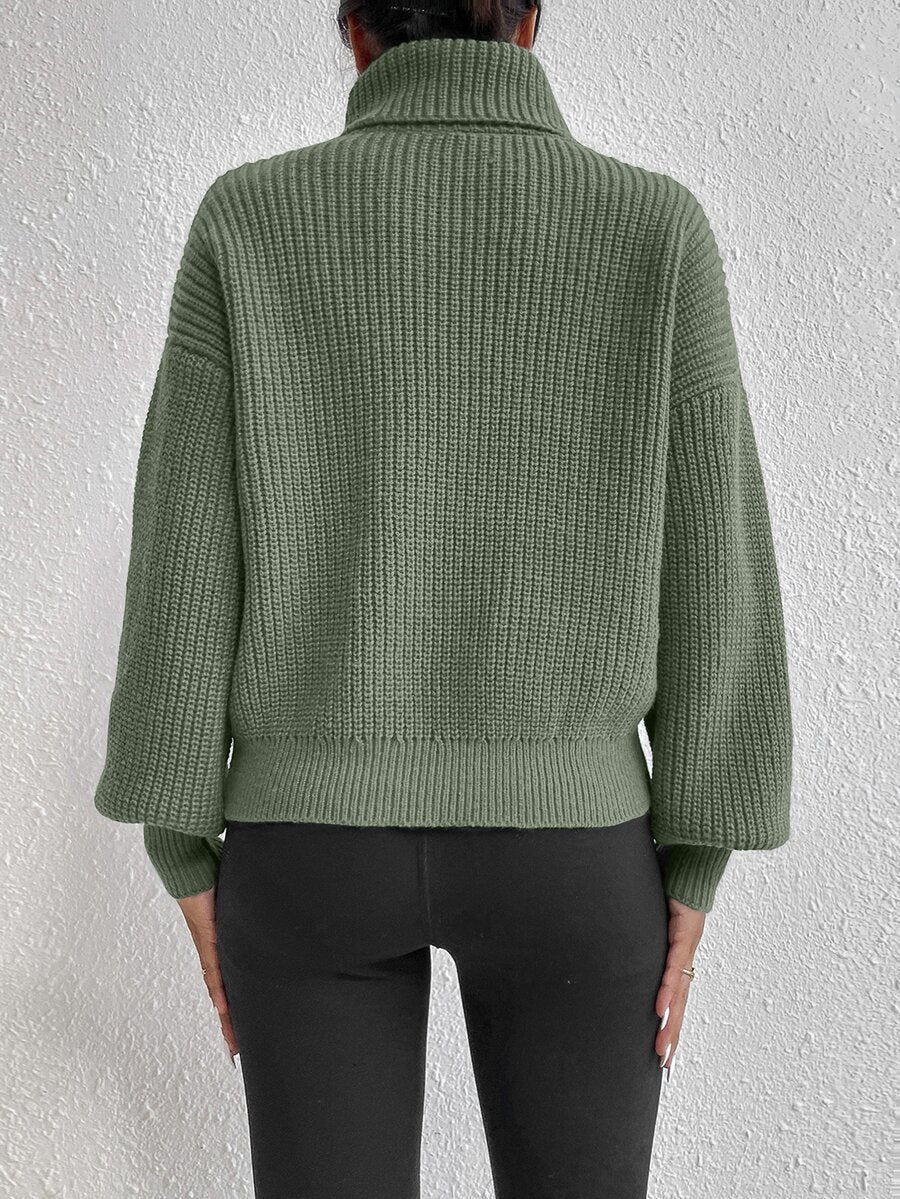 Wilhelmina Rib Knit Turtleneck Drop Shoulder Pullover Sweater - Red Violet