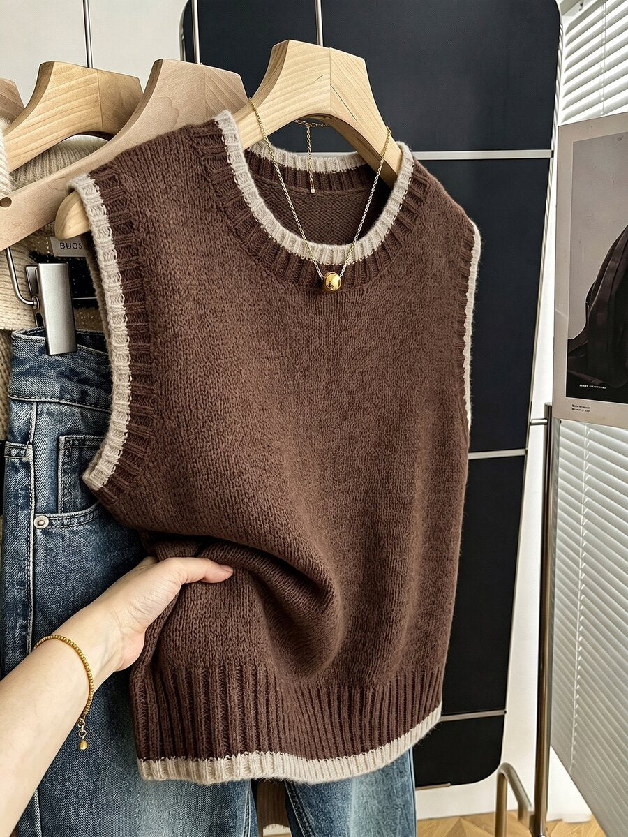 Beatrice Contrast Trim Sleeveless Knit Sweater Vest - Chocolate with Cream Trim