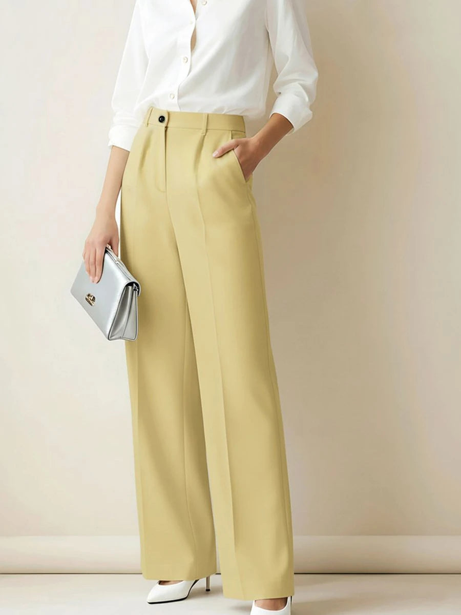 Simone High-Waist Pleated Wide-Leg Trousers with Pockets - Butter Yellow