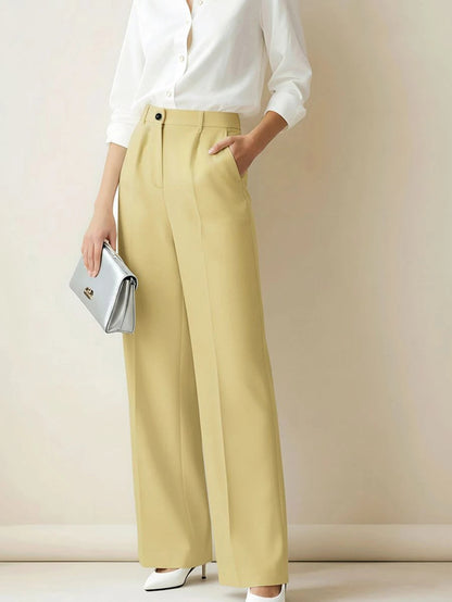 Simone High-Waist Pleated Wide-Leg Trousers with Pockets - Butter Yellow