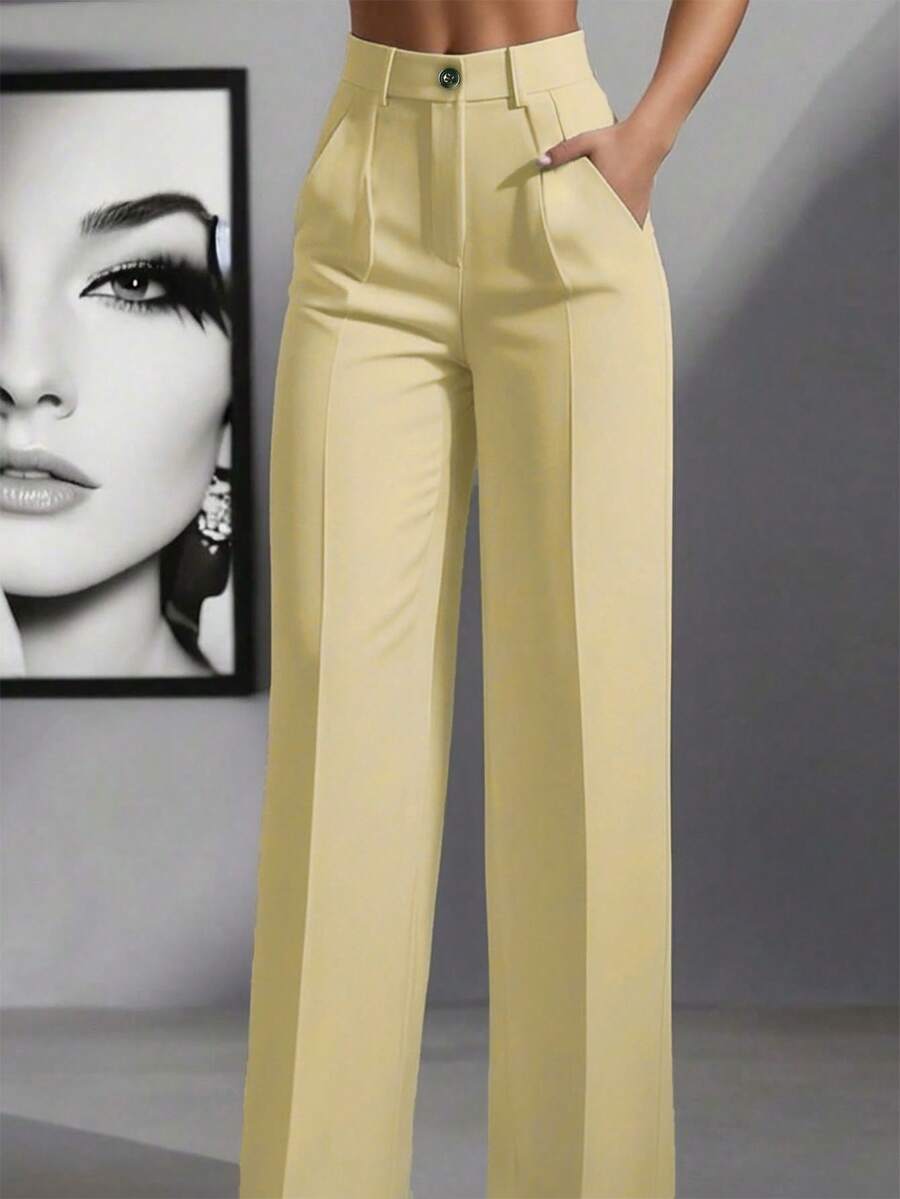 Simone High-Waist Pleated Wide-Leg Trousers with Pockets - Butter Yellow