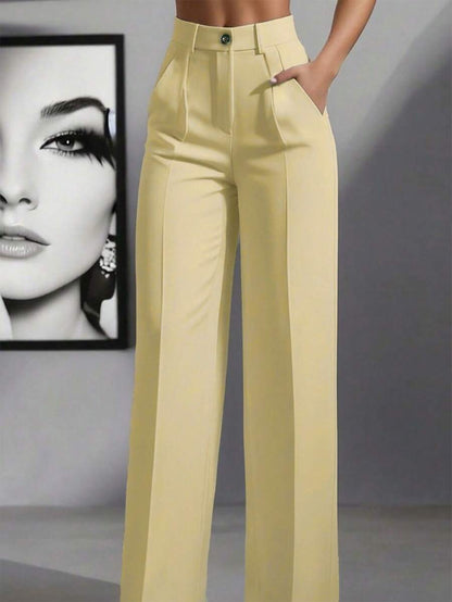 Simone High-Waist Pleated Wide-Leg Trousers with Pockets - Butter Yellow