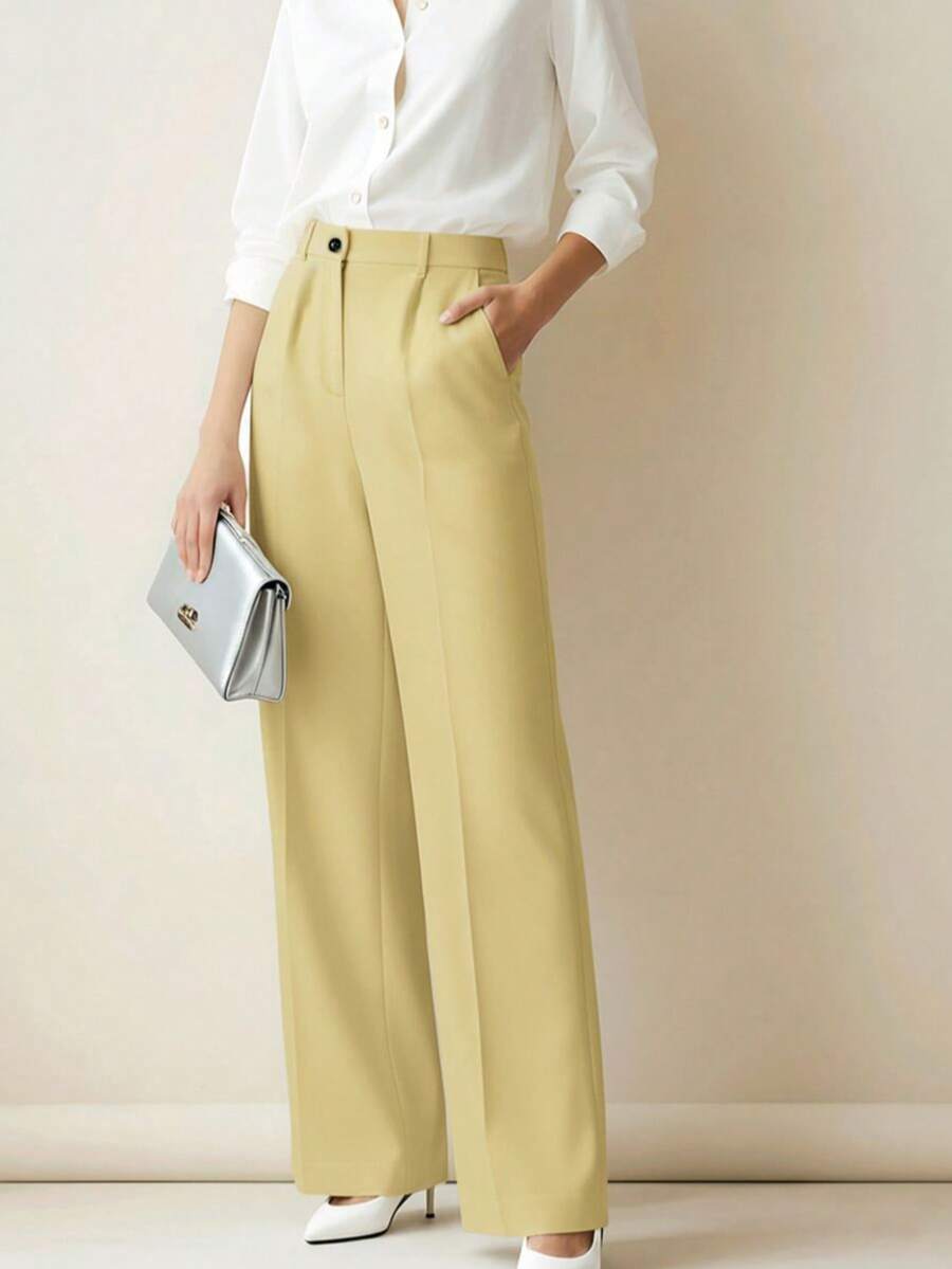 Simone High-Waist Pleated Wide-Leg Trousers with Pockets - Butter Yellow