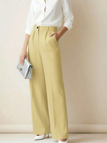 Simone High-Waist Pleated Wide-Leg Trousers with Pockets - Butter Yellow