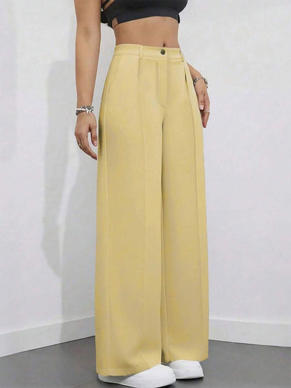 Simone High-Waist Pleated Wide-Leg Trousers with Pockets - Butter Yellow