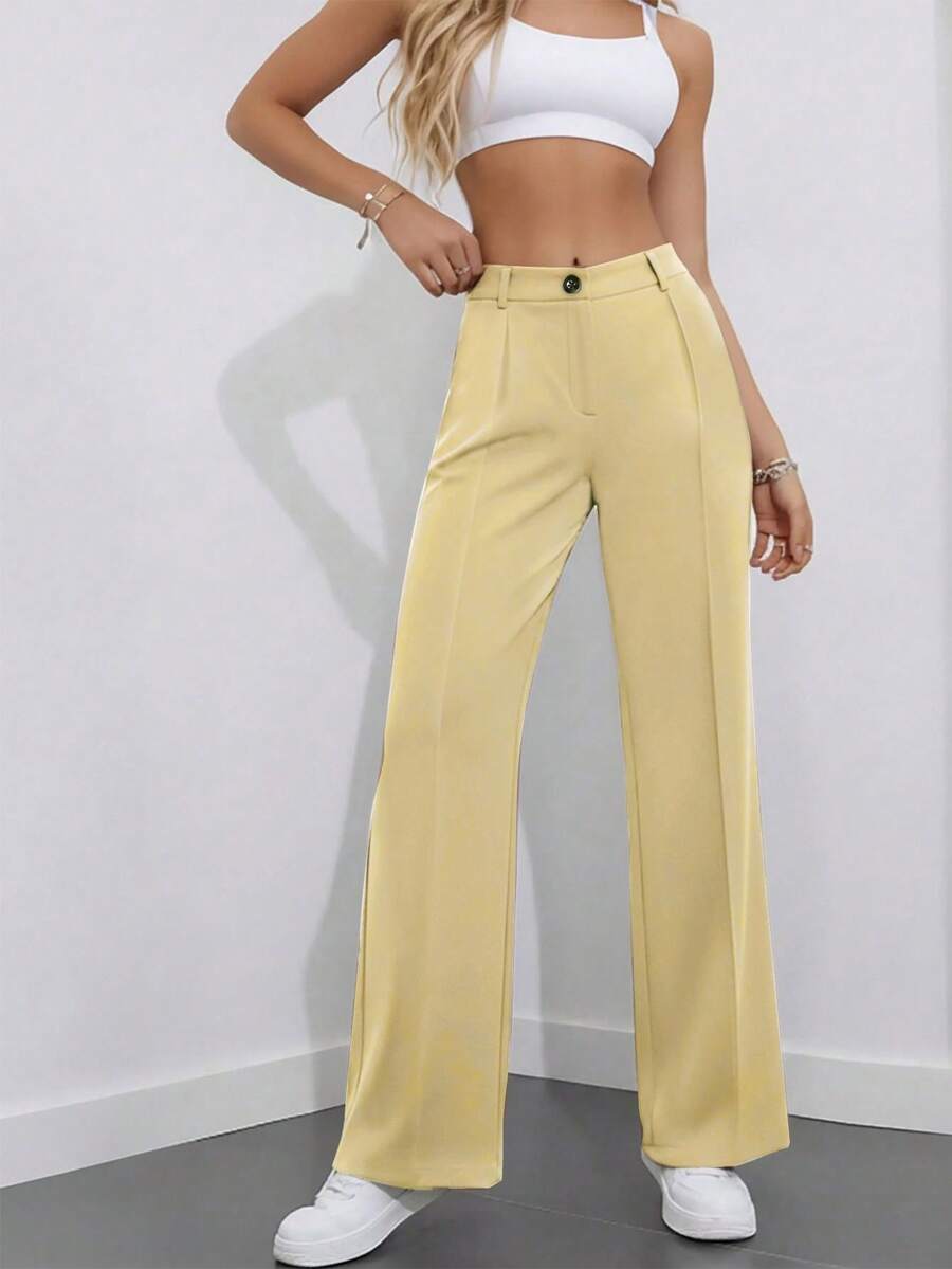 Simone High-Waist Pleated Wide-Leg Trousers with Pockets - Butter Yellow