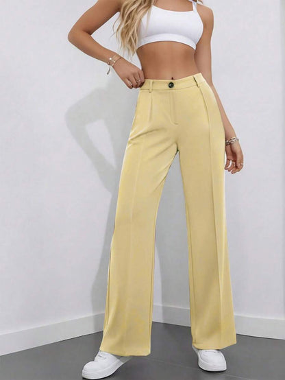 Simone High-Waist Pleated Wide-Leg Trousers with Pockets - Butter Yellow