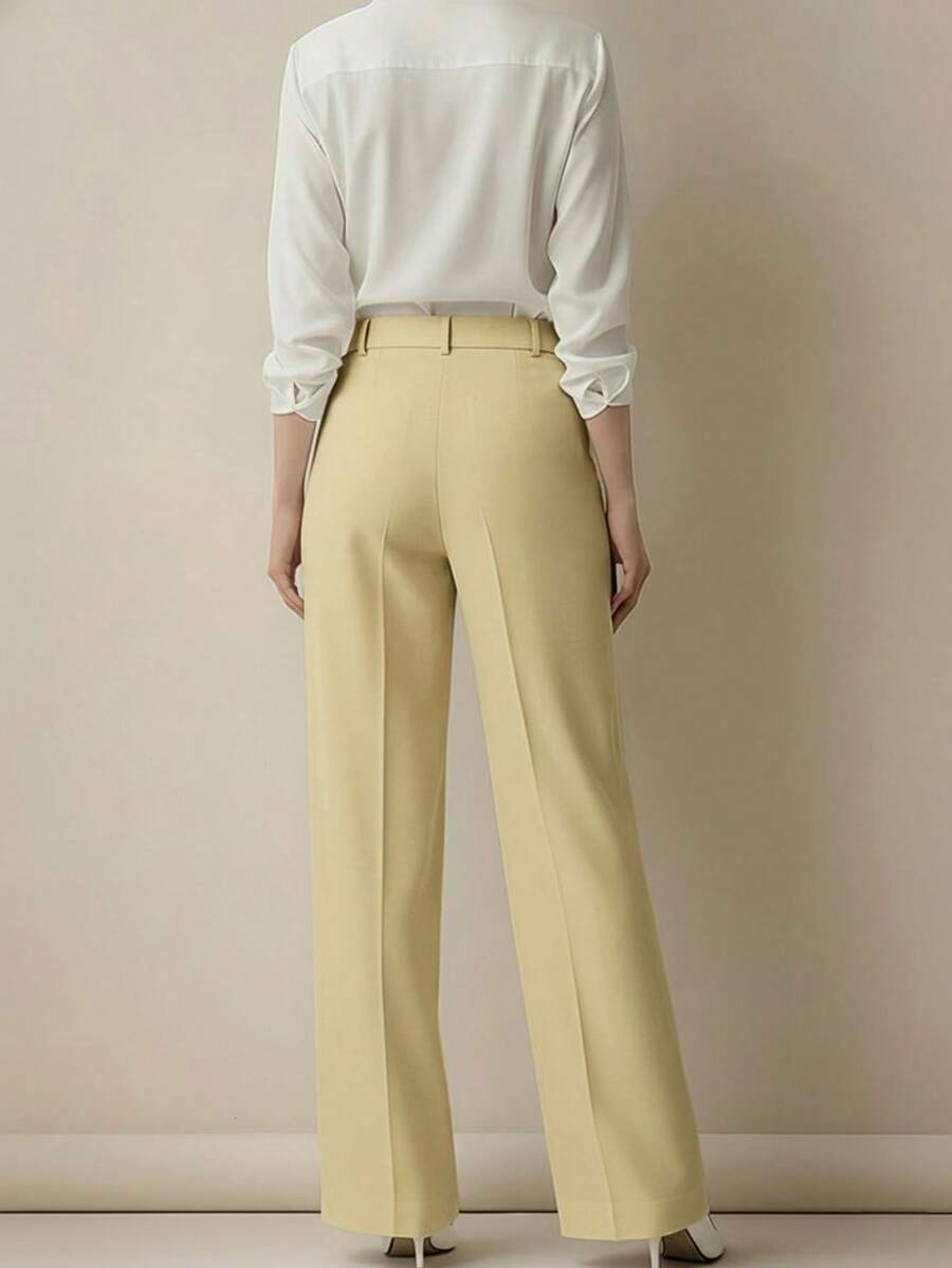 Simone High-Waist Pleated Wide-Leg Trousers with Pockets - Butter Yellow