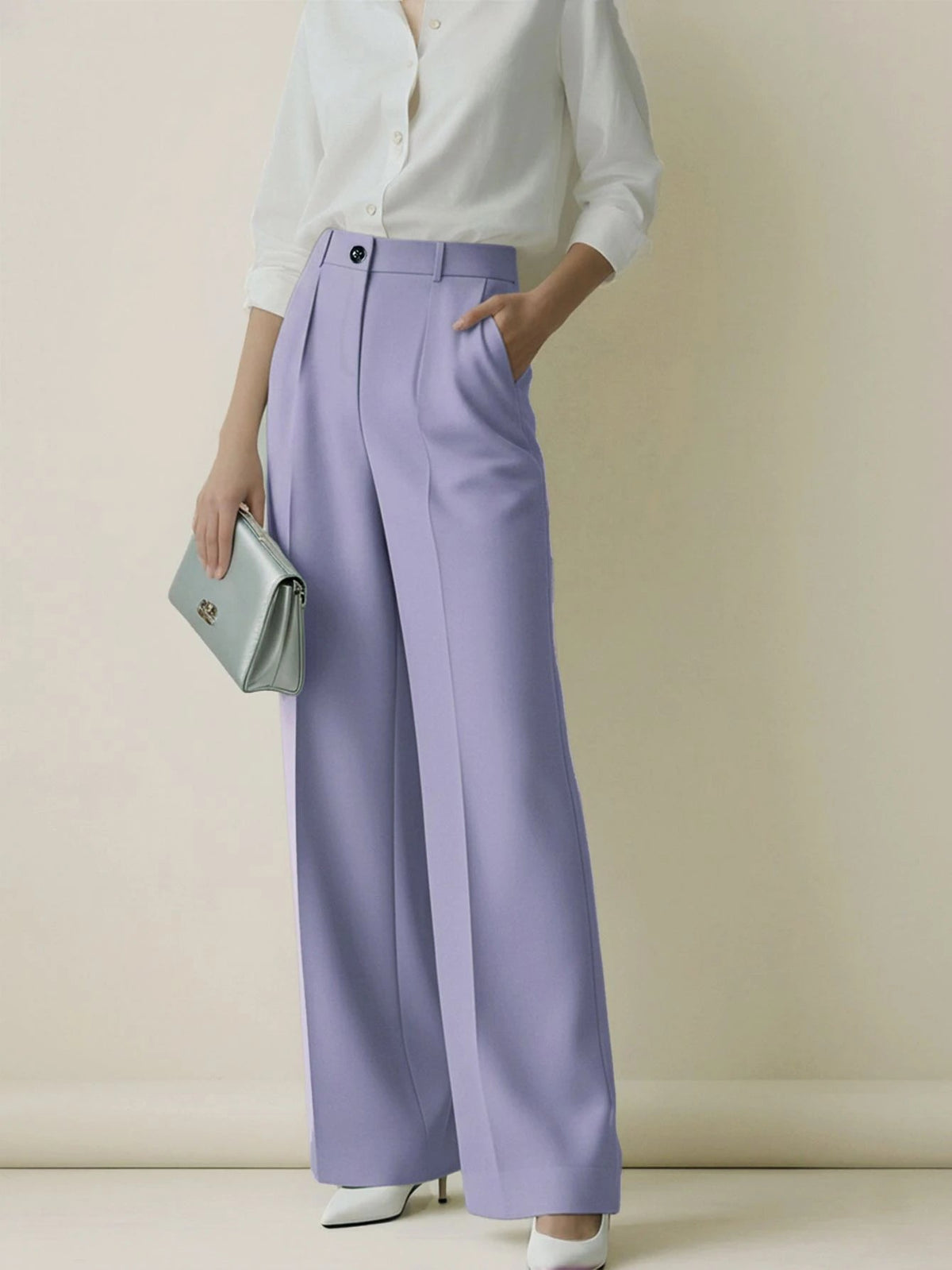 Simone High-Waist Pleated Wide-Leg Trousers with Pockets - Light Purple