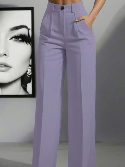 Simone High-Waist Pleated Wide-Leg Trousers with Pockets - Light Purple